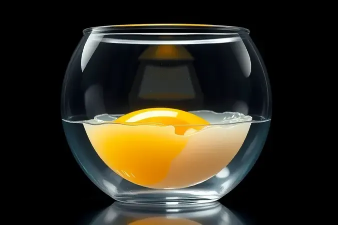 Renderização 3D de ovo sem casca em tigela de vidro mostrando correntes térmicas do superaquecimento no micro-ondas.