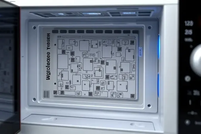 Camadas internas de teclado de membrana de micro-ondas revelando circuitos flexíveis em visualização técnica 3D.