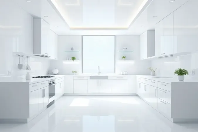 Ambiente de cozinha extremamente limpo com representação abstrata de purificação e frescor