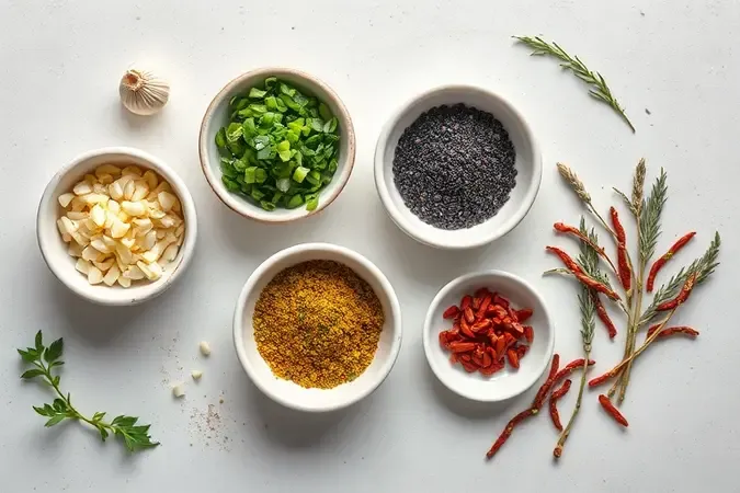 Tigelas com temperos naturais como alho, cebolinha, gergelim e ervas para substituir o sódio do miojo.