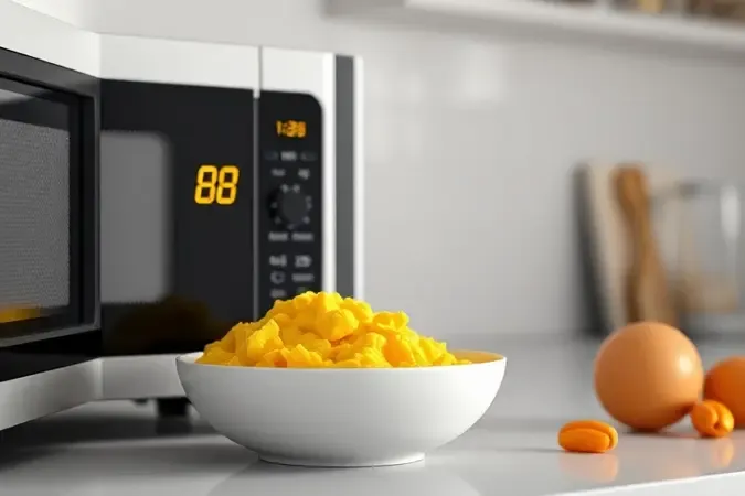 Painel de micro-ondas com timer digital ao lado de tigela com ovo mexido no ponto ideal, macio e dourado.