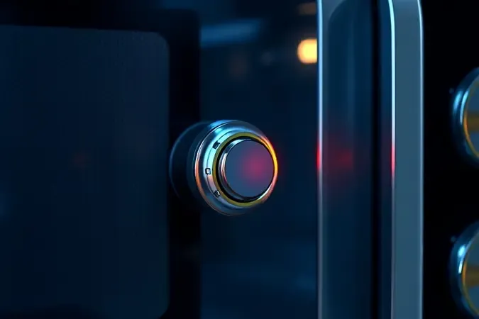 Close-up conceitual de um termostato de segurança desarmado próximo ao chassi de um micro-ondas moderno.