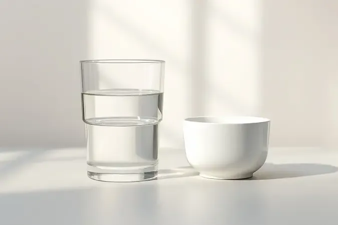 Render 3D de recipiente de vidro com água ao lado de pote cerâmico vazio, representando teste de segurança para micro-ondas.