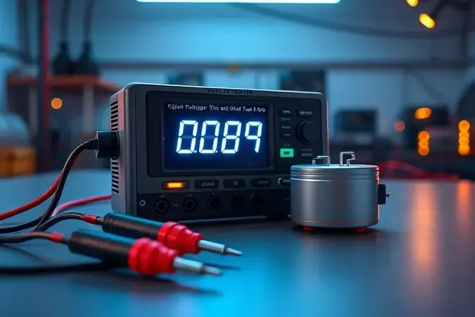 Renderização 3D de multímetro digital com pontas de prova posicionadas próximo a capacitor de micro-ondas sobre bancada limpa para diagnóstico.