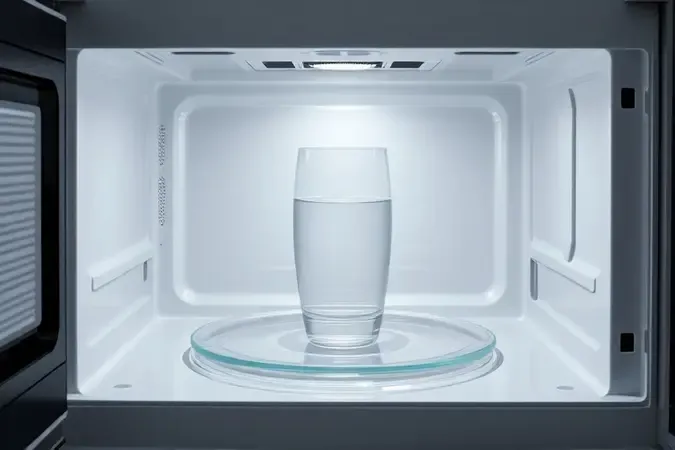Visualização conceitual do teste do copo d'água em micro-ondas mostrando um copo de vidro com água no interior limpo e minimalista do eletrodoméstico.