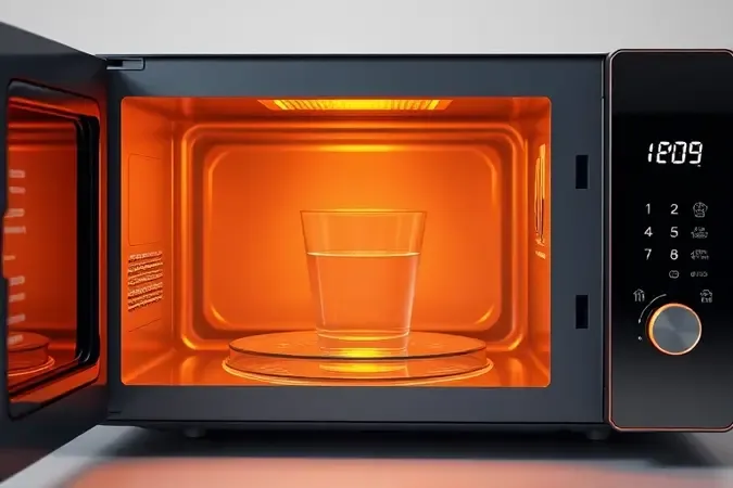 Renderização 3D de micro-ondas em funcionamento com copo de água no interior, representando teste prático após o reparo.