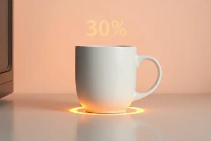 Ilustração conceitual do teste de segurança de 30 segundos para verificar se caneca de cerâmica pode ir no micro-ondas.