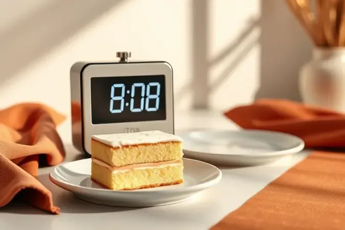 Timer de cozinha ao lado de fatia de bolo fofinho em render 3D conceitual simbolizando rapidez e praticidade.
