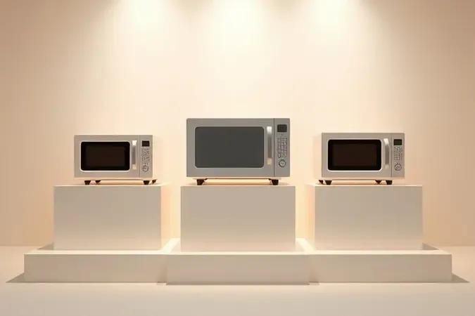 Representação conceitual de diferentes tipos de micro-ondas em exposição moderna minimalista