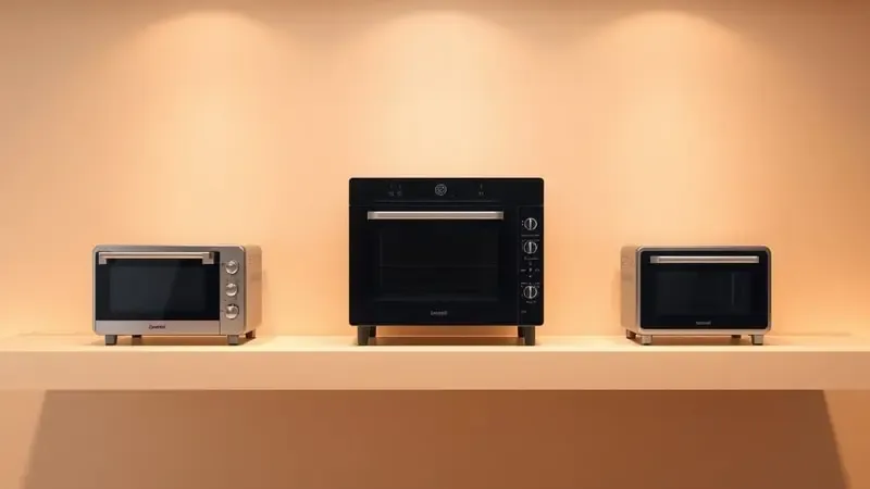 Render 3D mostrando três tipos de forno elétrico: bancada, embutido e compacto, em exposição moderna e clean.
