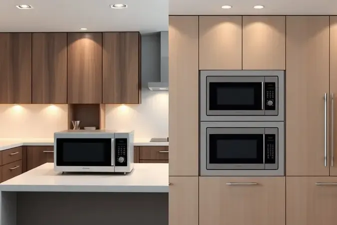 Renderização 3D comparando instalação de micro-ondas de bancada versus modelo embutido em cozinha moderna e clean.