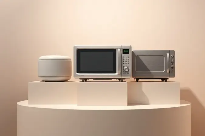 Três silhuetas conceituais de diferentes tipos de micro-ondas em composição comparativa minimalista e moderna.