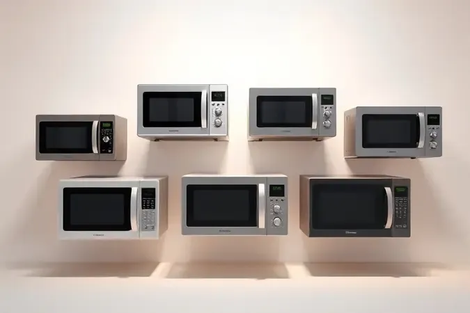 Composição 3D mostrando diferentes tipos de micro-ondas em arranjo expositivo moderno e minimalista.