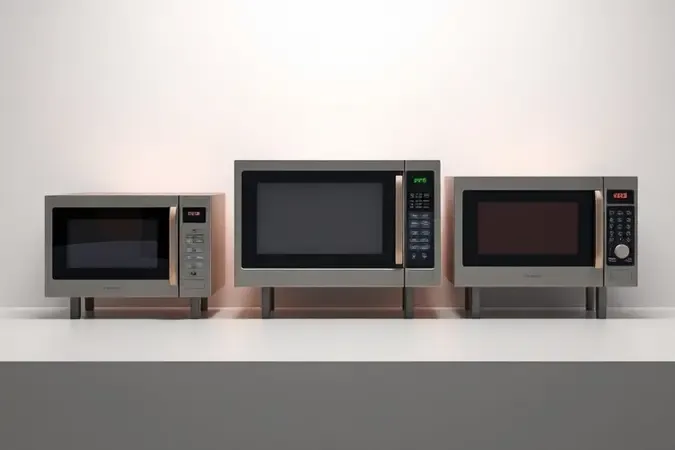 Representação conceitual dos diferentes tipos de micro-ondas disponíveis no mercado: bancada, embutir e com grill.