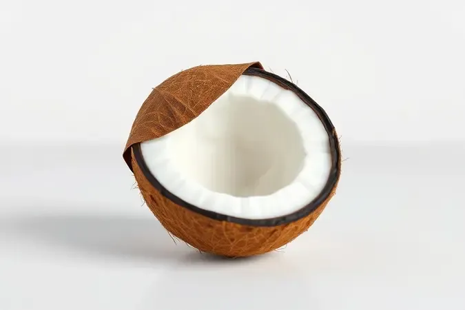 Pedaço de polpa branca de coco com pele marrom se desprendendo parcialmente em superfície minimalista e limpa com iluminação suave de estúdio.