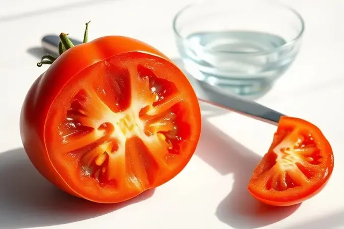 Tomates frescos com corte em X na base preparados para pelar, renderização 3D conceitual limpa e moderna.