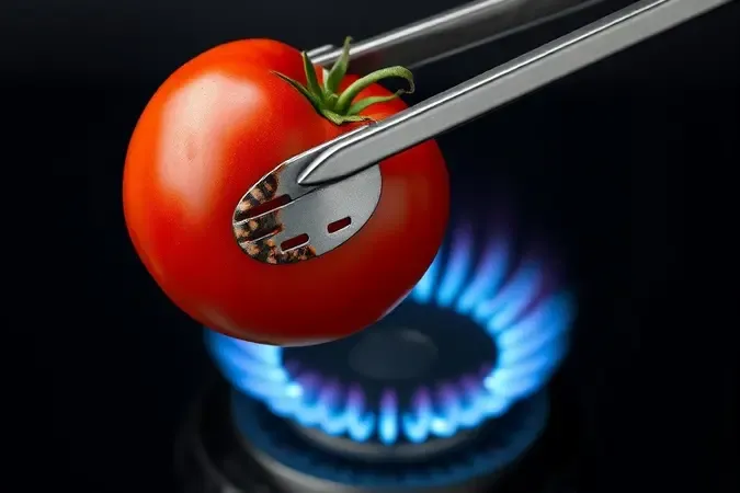 Tomate segurado por pinça metálica sobre chama azul para soltar a pele, técnica do fogo direto.