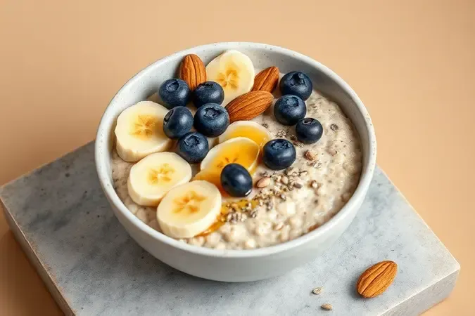 Mingau de aveia com toppings criativos de frutas frescas castanhas e sementes em estilo conceitual clean.