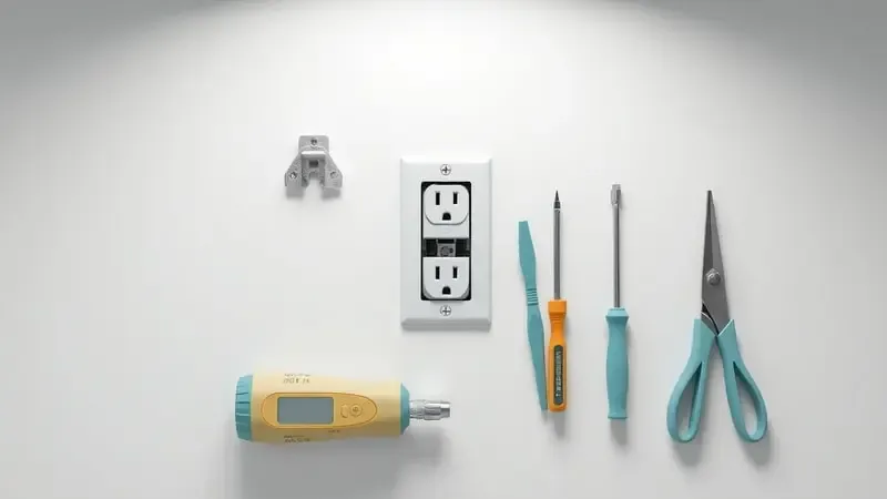 Cena conceitual 3D de bancada com ferramentas de eletricista e tomada sendo trocada, ilustrando instalação segura.