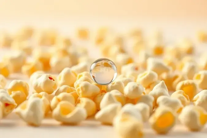 Close-up conceitual de grãos de milho dourados com gota d'água cristalina, ilustrando técnica para pipoca mais resistente.