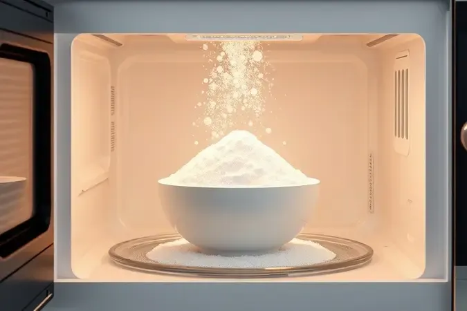 Render 3D conceitual de bicarbonato de sódio absorvendo odores dentro de um micro-ondas com estética minimalista e limpa.