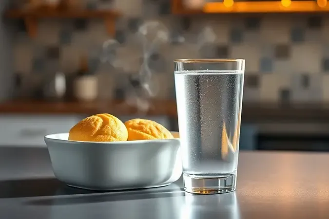 Renderização 3D de copo de água ao lado de pão de queijo dourado em prato cerâmico com vapor suave simbolizando técnica de maciez no micro-ondas.
