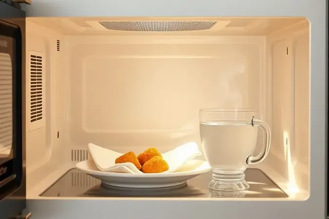 Técnica do copo com água e toalha de papel úmida dentro do micro-ondas para evitar que a comida resseque