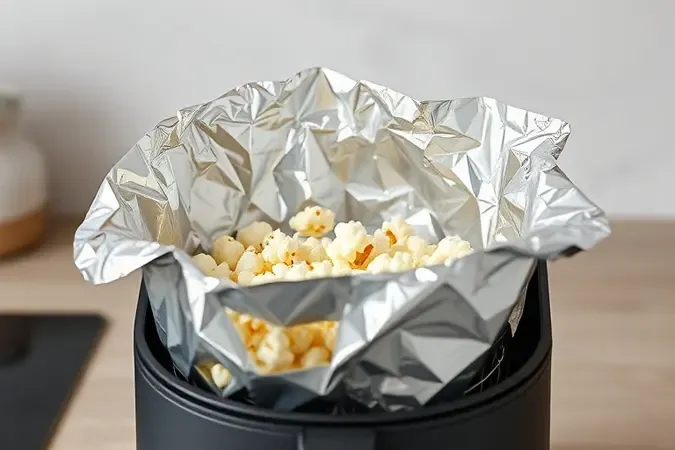 Cesto de airfryer forrado com papel alumínio contendo milho de pipoca em renderização 3D conceitual.