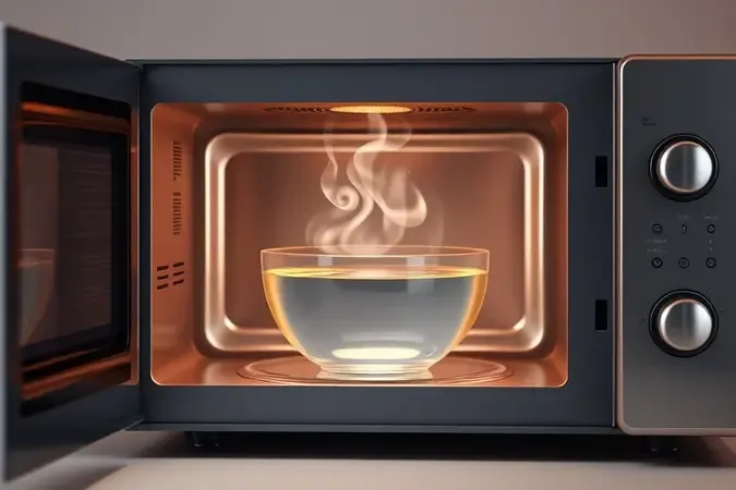 Micro-ondas com porta entreaberta e vapor saindo de tigela com água, ilustrando o método de limpeza a vapor.