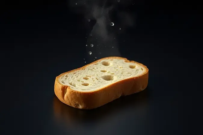 Render 3D de pão sendo revitalizado por microgotas de água em suspensão, destacando a umidade como segredo para recuperar a textura.