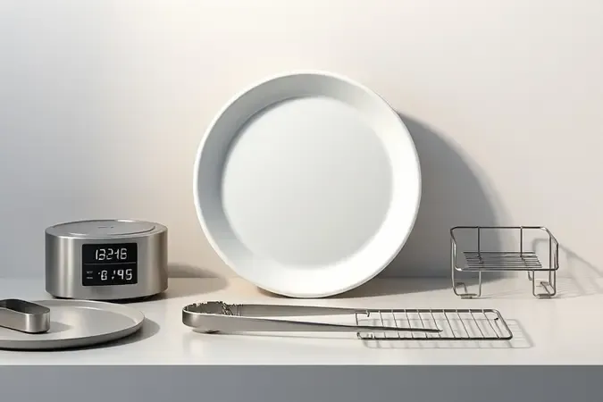 Utensílios essenciais de cozinha para preparo em micro-ondas em composição minimalista renderizada em 3D.