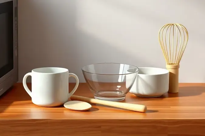 Utensílios seguros para micro-ondas como caneca de cerâmica e tigela de vidro em render 3D educativo e minimalista.