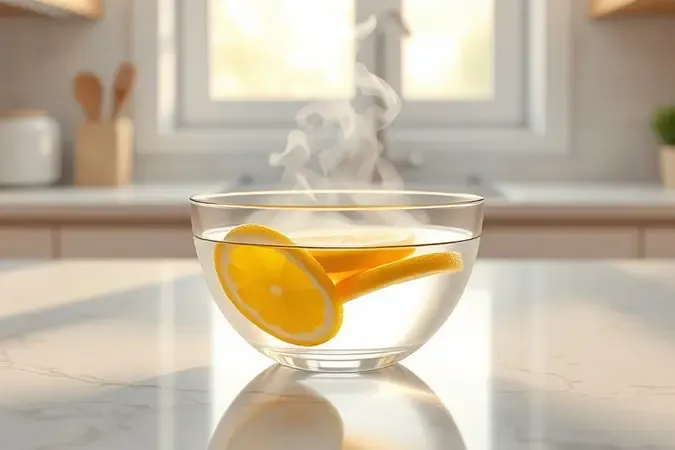 Tigela com água e fatias de limão gerando vapor para limpar micro-ondas amarelado de forma natural.