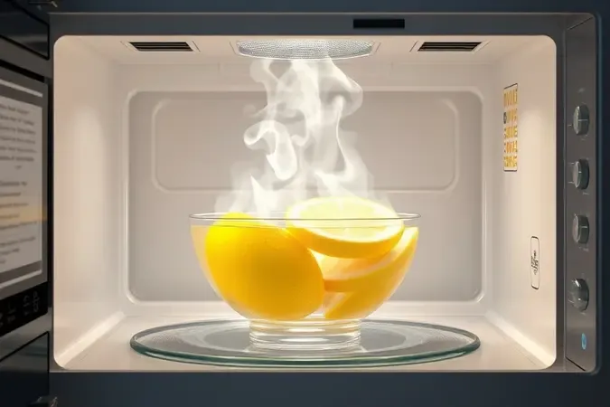 Vapor de limão subindo de tigela de vidro dentro de micro-ondas limpo para desengordurar naturalmente.