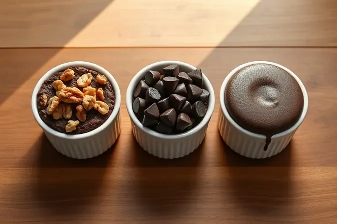Três variações de brownie de micro-ondas em ramequins: com nozes, gotas de chocolate e versão fit.