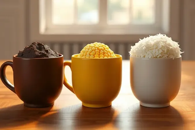 Três canecas lado a lado com diferentes sabores de bolo: chocolate escuro, milho dourado e coco branco.