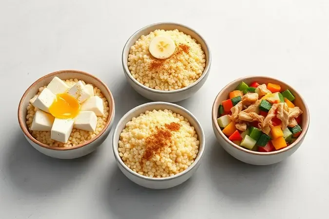 Três variações de cuscuz de milho em tigelas: versão com queijo coalho e manteiga, doce com banana e canela, e fit com legumes e frango.