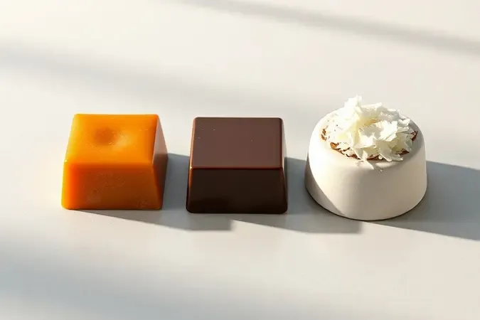 Três mini pudins sabores chocolate coco e caramelo em composição 3D conceitual.