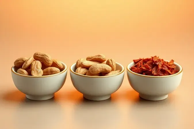 Variações de amendoim torrado com temperos salgado doce e picante em tigelas conceituais renderização 3D