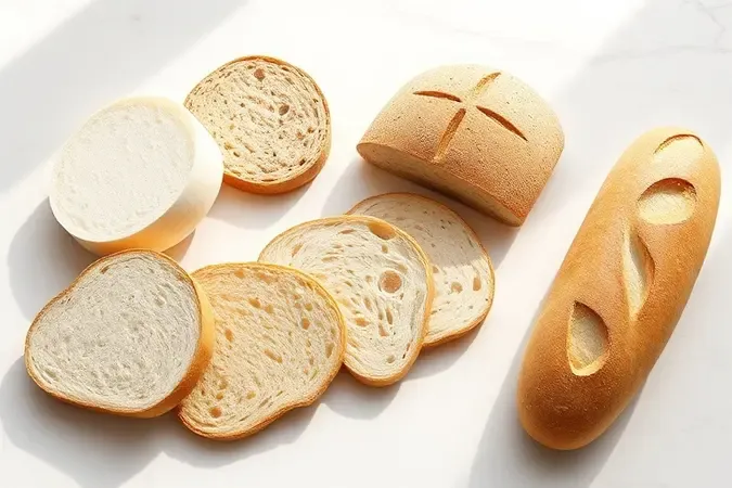 Variedade de pães artesanais fatiados dispostos sobre superfície de mármore claro em renderização 3D conceitual.