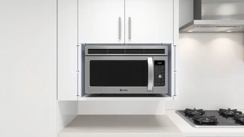 Espaçamento adequado para ventilação ao redor de micro-ondas embutido, demonstrando distância segura entre eletrodomésticos na cozinha.