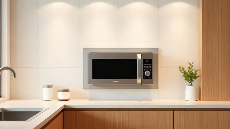 Micro-ondas moderno em cozinha contemporânea com iluminação acolhedora representando satisfação na escolha do eletrodoméstico.