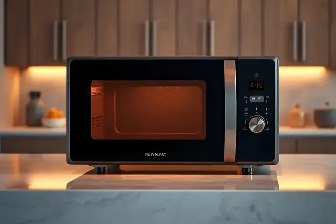 Renderização conceitual de micro-ondas premium com brilho dourado indicando aprovação, qualidade e valor