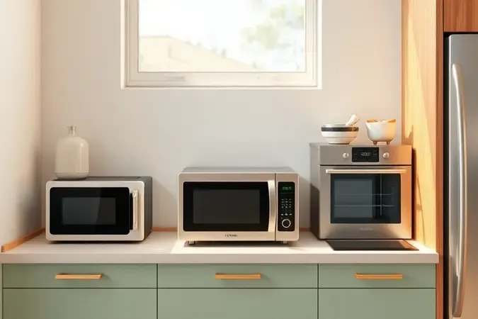 Cena 3D conceitual de cozinha compacta com eletrodoméstico multifuncional substituindo três aparelhos, destacando economia de espaço.