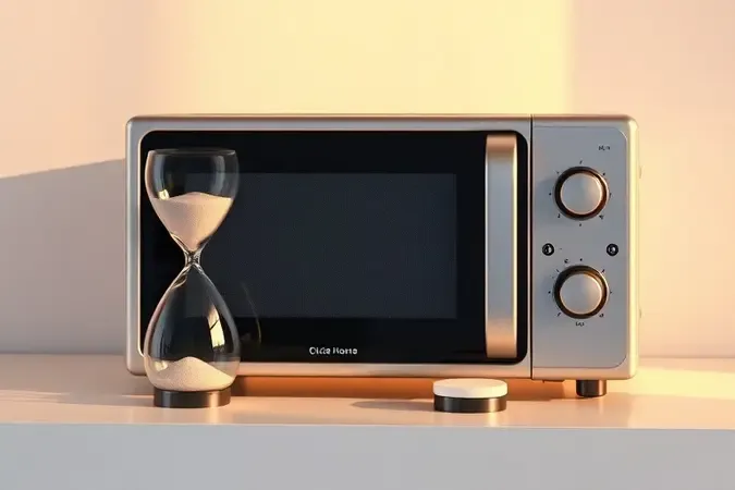 Conceito de durabilidade e vida útil de micro-ondas com ampulheta em renderização 3D elegante