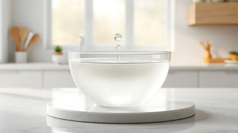Tigela de vidro com vinagre branco sobre superfície de mármore, representando limpeza natural e desengordurante para micro-ondas.