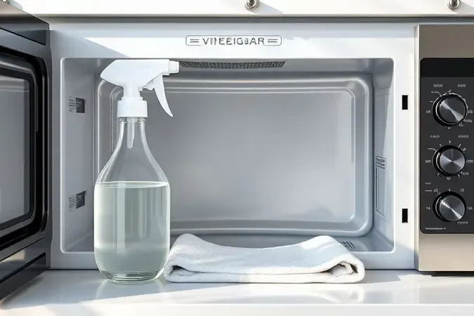 Borrifador de vinagre branco ao lado de micro-ondas com interior reluzente e pano de microfibra para remover gordura.
