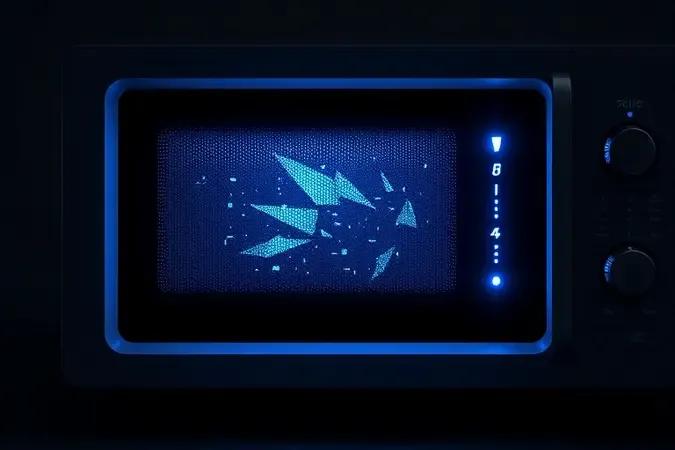 Display digital de micro-ondas exibindo padrões fragmentados e distorcidos representando falha no visor em renderização 3D