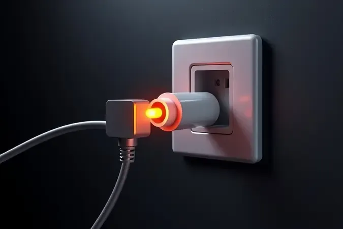 Renderização 3D de plugue e tomada com fluxo de energia representando a importância da voltagem correta para desempenho do micro-ondas.